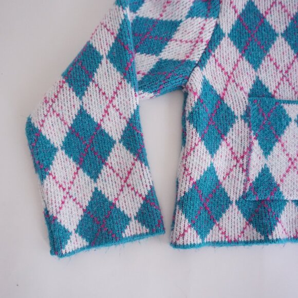 ZARA Argyle Knit Cardigan Teal Pink White Preppycore Soft Girl Y2K Aesthetic L - Picture 8 of 9